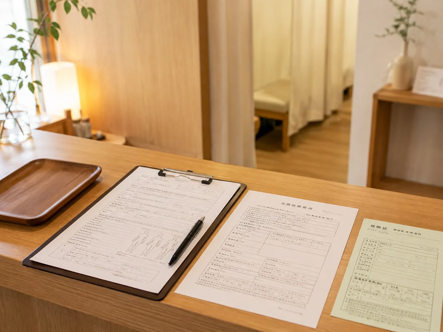 受付カウンターに用意された問診票と保険証